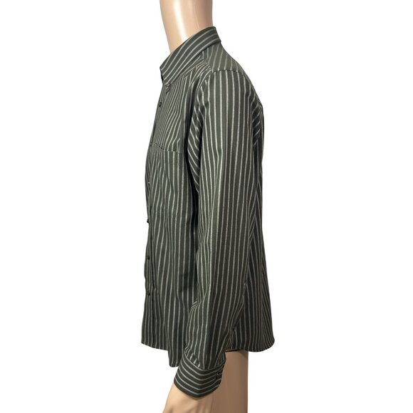 St. John’s Bay Men’s Button Down Shirt M Olive Green & Grey Stripes Long Sleeve - Picture 3 of 10